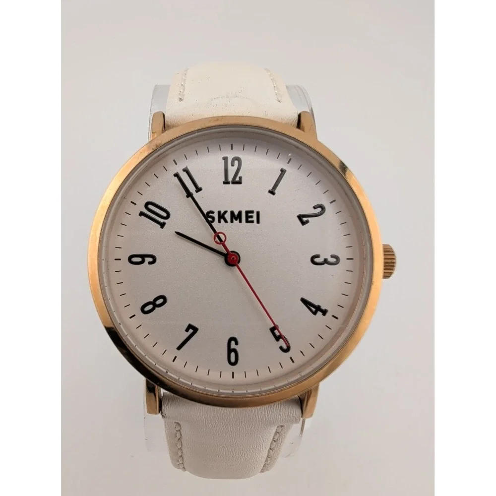 Skmei Women's Watch 36mm Rose Gold Case White Leather Band- New Battery